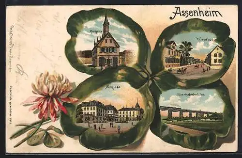 Passepartout-Lithographie Assenheim / Oberhessen, Rathaus, Schloss, Eisenbahnbrücke, Vorstadt, Kleeblatt