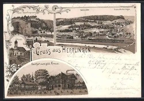 Lithographie Herrlingen, Gasthof zum gold. Kreuz, Kirche, Ortsansicht