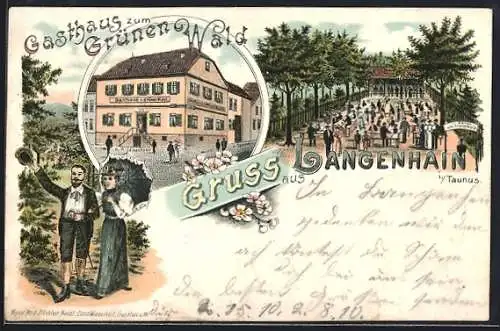 Lithographie Langenhain / Taunus, Gasthaus zum grünen Wald mit Gästen im Garten, Pärchen beim Spaziergang
