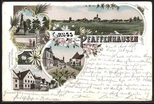 Lithographie Pfaffenhausen / Schwaben, Ortsansicht, Strassenpartie, Denkmal