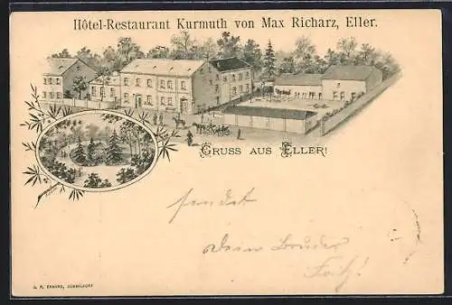 Lithographie Eller / Düsseldorf, Hotel-Restaurant Kurmuth v. Max Richarz