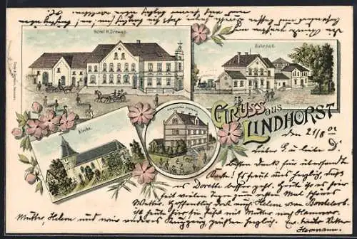 Lithographie Lindhorst / Sch.-L., Hotel H. Drewes, Bahnhof, Kirche