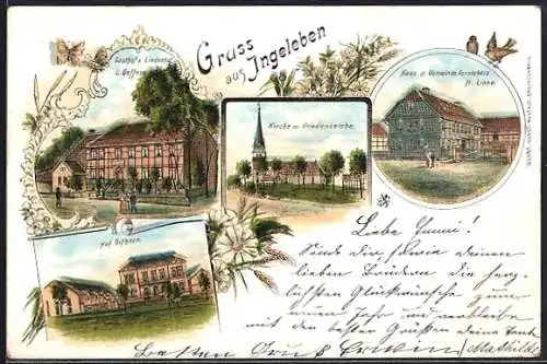 Lithographie Ingeleben, Gasthof z. Lindenhof v. L. Geffers, Kirche m. Friedenseiche