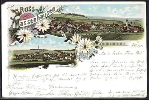 Lithographie Massenhausen / Obb., Ortsansicht mit Kirche