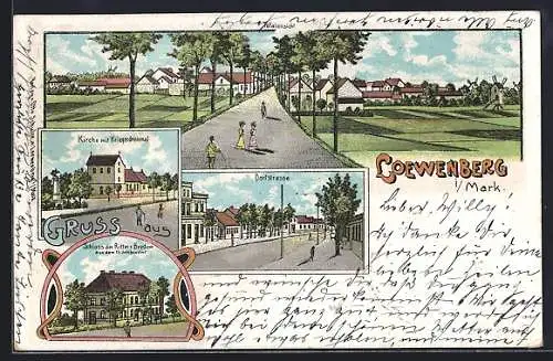 Lithographie Loewenberg i. Mark, Schloss der Ritter v. Bredow, Kirche, Kriegerdenkmal