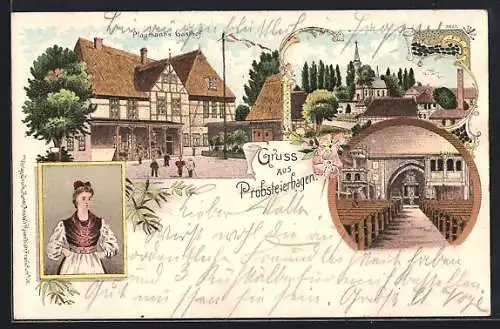 Lithographie Probsteierhagen, Plagmanns Gasthof, Innenansicht der Kirche