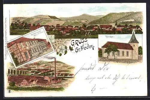 Lithographie Freden, Kaufmannschaft Aug. Jördens, Fabrik, Ortsansicht