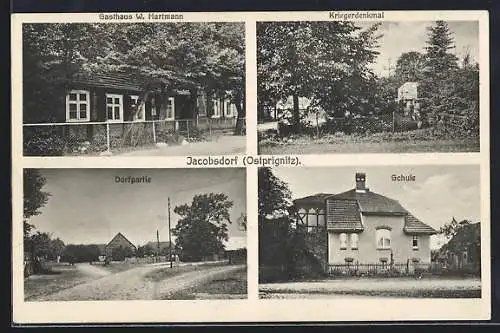 AK Jacobsdorf / Putlitz, Gasthaus W. Hartmann, Kriegerdenkmal, Schule & Dorfpartie