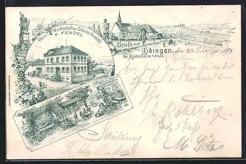 Lithographie Eibingen b. Rüdesheim a. Rhein, Weinwirtschaft zur Schönen Aussicht v. F. Fendel