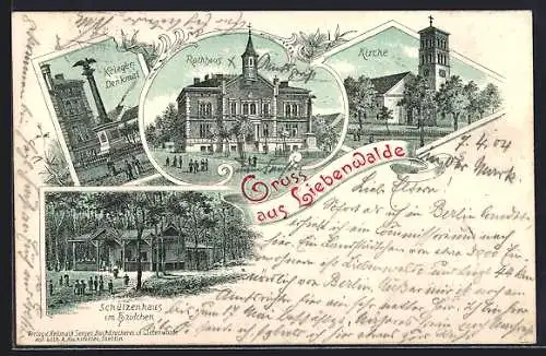 Lithographie Liebenwalde, Kriegerdenkmal, Rathaus, Schützenhaus im Haidchen & Kirche