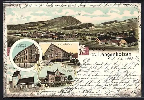 Lithographie Langenholzen, Gasthaus W. Wagner, Saal & Garten, Villa Brauer, Kirche
