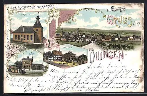 Lithographie Duingen, Bahnhof, Kirche, Marktplatz, Ortsansicht