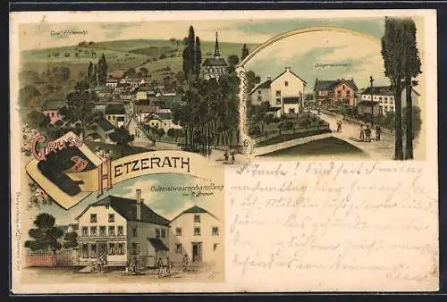 Lithographie Hetzerath / Eifel, Colonialwarenhandlung v. P. Braun, Bürgermeisteramt, Totalansicht