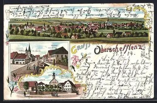 Lithographie Schefflenz, Gasthaus zur Krone & zum Engel, Schule, Rathaus, Ortsansicht