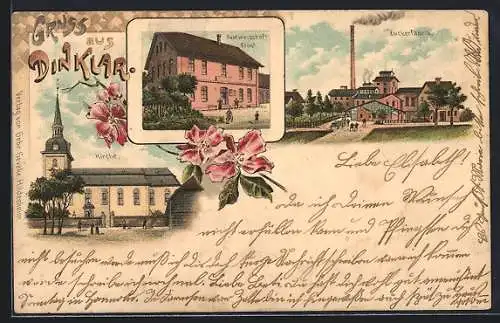 Lithographie Dinklar, Gastwirtschaft Ernst, Zuckerfabrik, Kirche