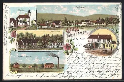 Lithographie Fölziehausen, Schüler`s Gasthof, Briketfabrik und Kapelle