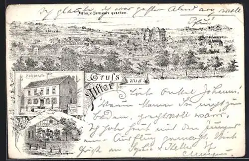 Lithographie Alfter, Kaiserhalle, Ortsansicht aus der Vogelschau