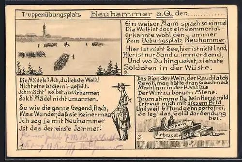 Künstler-AK Neuhammer a. Q., Soldaten auf dem Truppenübungsplatz, Gedicht