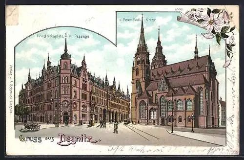 Lithographie Liegnitz, Friedrichsplatz m. Passage, Peter-Paul-Kirche