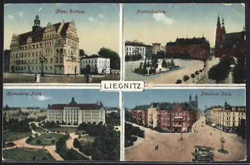 AK Liegnitz, neues Rathaus, Friedrichsplatz, Strassenbahnen, Hindenburgplatz