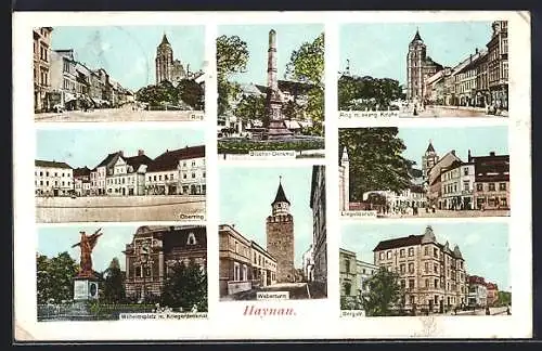 AK Haynau, Ring mit evangel. Kirche, Blücher-Denkmal, Wilhelmsplatz mit Kriegerdenkmal, Weberturm
