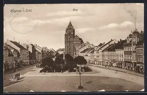 AK Haynau i. Schl., Ring mit Kirche aus der Vogelschau