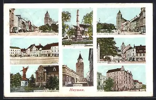 AK Haynau, Oberring, Liegnitzerstrasse, Ring mit evangel. Kirche, Bergstrasse, Blücher-Denkmal