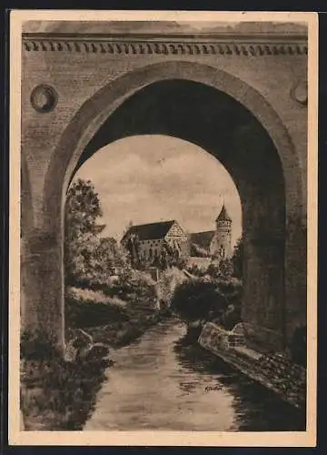 Künstler-AK Allenstein, Blick auf das Schloss durch Toreingang