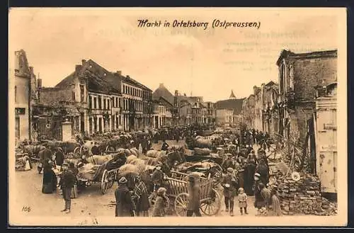 AK Ortelsburg /Ostpreussen, Markt mit regem Betrieb