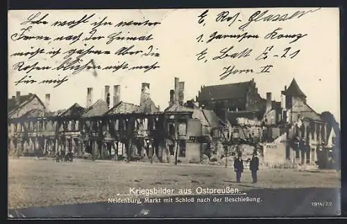 AK Neidenburg, Markt mit Schloss nach der Beschiessung