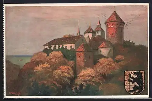 Künstler-AK Rössel, A. Kraska, Burg und Pfarrkirche mit Wappen