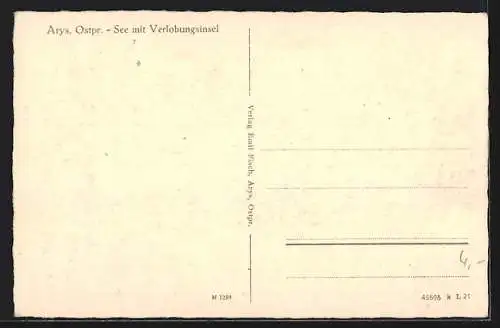 AK Arys /Ostpr., See mit Verlobungsinsel und Ruderboot