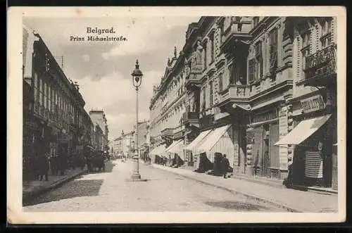 AK Belgrad, Prinz Michaelstrasse mit Laterne