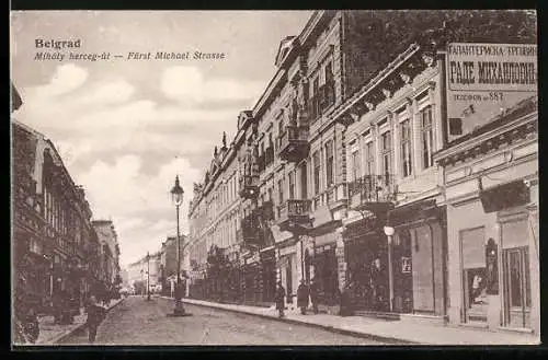 AK Belgrad, Fürst Michael-Strasse mit Geschäften