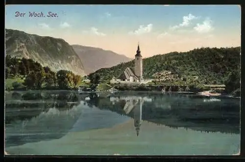 AK Bohinjsko jezero, Blick vom See zur Kirche