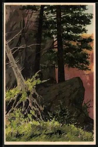 Künstler-AK Alfred Mailick: Waldstück mit entwurzeltem Baum
