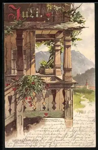 Künstler-AK T.Guggenberger: Monatsgrüsse, Juli, Teilansicht eines Holzhauses