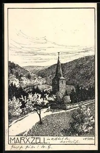 Künstler-AK Ulf Seidl: Marxzell, Blick auf Kirche