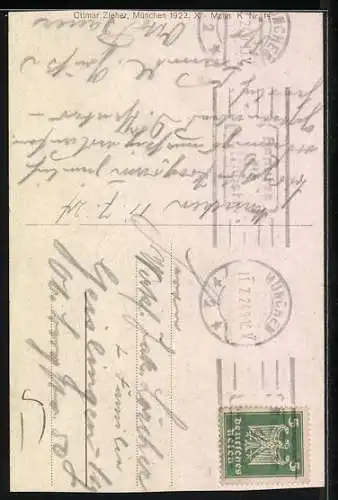 AK Das Münchner Kindl isst eine deftige Brotzeit mit Brezel und Weisswurst neben einem Bierfass