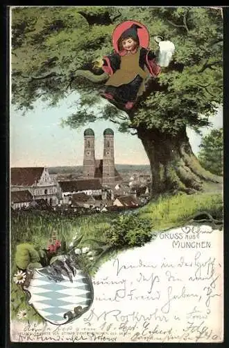 AK München, Münchner Kindl sitzt auf einem Baum