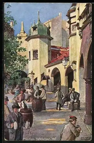 Künstler-AK Richard Wagner: München, Biertrinker auf dem Hofbräuhaus Hof