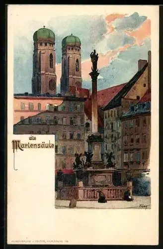 Künstler-AK Heinrich Kley: München, Mariensäule & Frauenkirche
