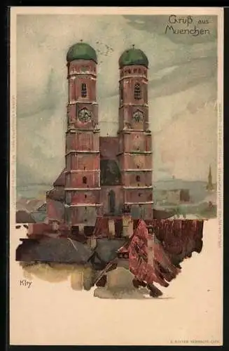 Künstler-AK Heinrich Kley: München, Frauenkirche im Stadtbild