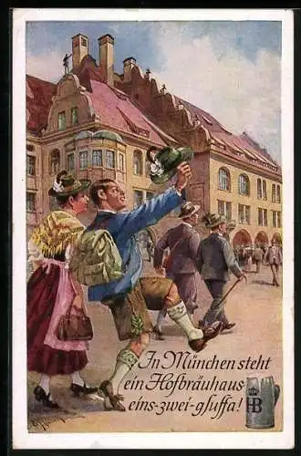 Künstler-AK Ernst Schlemo: München, Liebespaar in Tracht geht zum Hofbräuhaus, Bierkrug