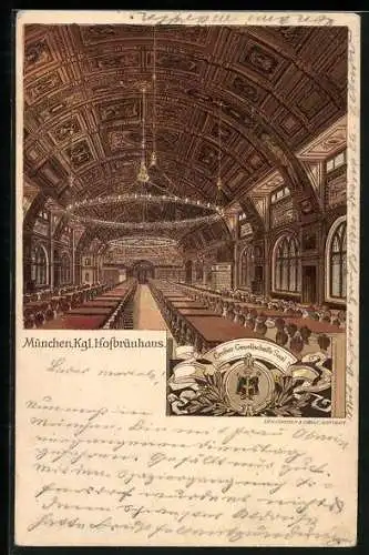 Lithographie München, Münchner Hofbräuhaus, Grosser Gesellschafts-Saal, Innenansicht