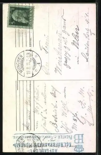 AK Münchner Kindl mit Brezel und Weisswurst am Bierfass