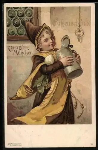 Lithographie München, Münchner Kindl mit Bierkrug vor dem Gasthaus Gassenschänke