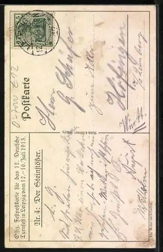 Künstler-AK Leipzig, 12. Deutsches Turnfest 1913, Turner stemmt einen Stein