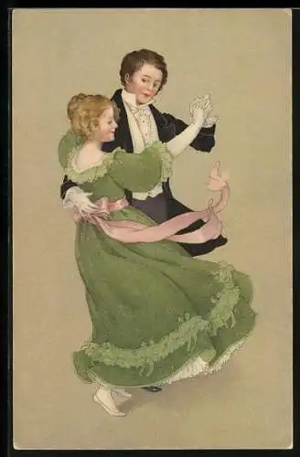 Lithographie Biedermeiermode, Tanzendes Paar