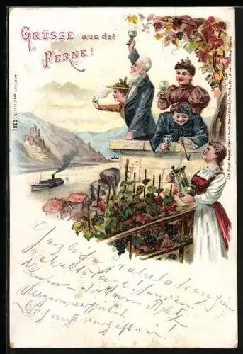 AK Grüsse aus der Ferne, Urlauber winken einem Dampfer